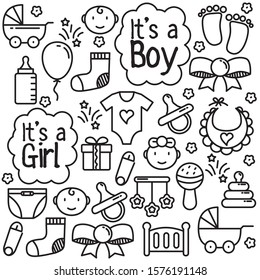 Set of baby hand drawn doodle vector illustration with black and white color