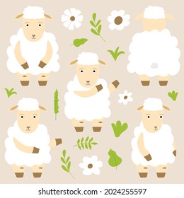 Set of baby hand-drawn sheeps in different poses with leaves and grass