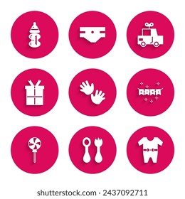Set Baby hands print, cutlery with fork spoon, clothes, Carnival garland flags, Lollipop, Gift box, Toy car and bottle icon. Vector