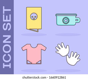 Set Baby hands print, Baby shower invitations card, poster, Baby onesie and Baby potty icon. Vector