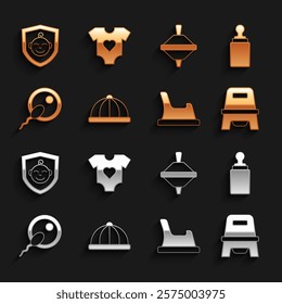 Set Baby hat, bottle, potty, Sperm, Whirligig toy, on shield and clothes icon. Vector