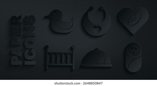Definir chapéu de bebê, dentro do coração, berço de berço, bebê recém-nascido bebê embrulhado, bib e ícone de pato de borracha. Vetor