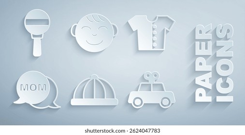 Set Baby hat, t-shirt, Speech bubble mom, Toy car, Little boy head and Rattle baby toy icon. Vector