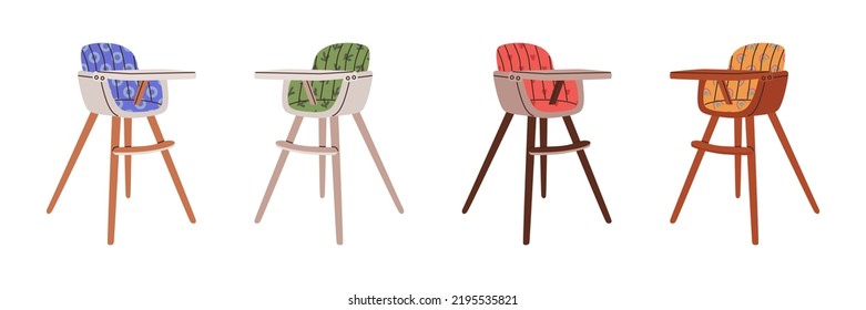 Set of baby high chair for eating at home with different patterns. Raising Child. Feeding seat for infant with print of abstract circle, rainbow, heart, cactus. Modern child wooden chair on high legs.