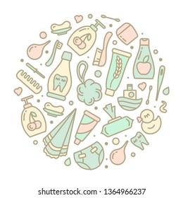Set of  baby hygiene accessories icons. Round concept on white background