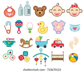 Set of Baby icon, Infant icon. Collection of baby icons and toys, accessories. Vector illustration 