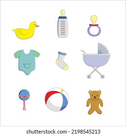 set of baby icon vector illustration. newborn sign and symbol. toy, teddy, clothes, bottle, stroller, duck.