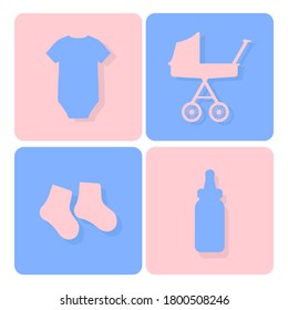 Set of baby icons. Bodysuit, pair of socks, milk bottle and carriage Pram for newborn.  Kids transport. Children theme.  Flat vector illustration.