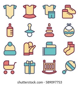 Set of baby icons: clothes, toys and food. Vector illustration