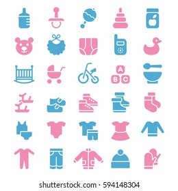 Set of baby icons: clothes, toys and food. Vector illustration