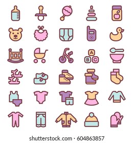 Set of baby icons: clothes, toys, food. Vector illustration