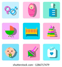 Set of baby icons in flat design with long shadows, vector illustration