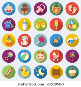 Set of baby icons in flat design with long shadows