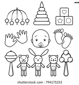 Set baby Icons, isolated line art on a white background. Cubes, pyramid, footprint, palmprint, rattle, teddy bear, bunny, rabbit, cat, bed carousel, face.