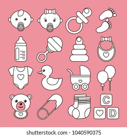 Set of baby icons in line stile on pink background. Could be used for cards, banners, patterns, wrapping paper, web