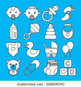 Set of baby icons in line stile on blue background. Could be used for cards, banners, patterns, wrapping paper, web