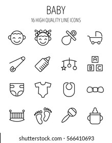 Set of baby icons in modern thin line style. High quality black outline kid symbols for web site design and mobile apps. Simple baby pictograms on a white background.