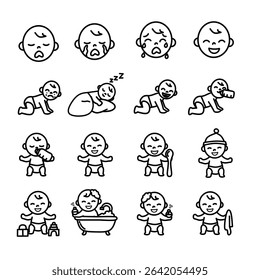 Set of baby icons in simple line art style. Includes crying, sleeping, crawling, feeding, bathing, playing, and various baby activities and emotions