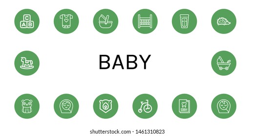 Set of baby icons such as Abc block, Baby clothes, Moses basket, Cradle, Milk, Hedgehog, Panda bear, Baby girl, Bear, Tricycle, Dental record, boy, Rocking horse, Stroller ,