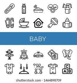 Set of baby icons such as Safety pin, Overall, Cradle, Sandbox, Laugh room, Pacifier, Rattle, Breast pump, Sippy cup, Doll, Baby clothes, Crying, Sperm, Flower crown, Teddy , baby