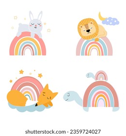 Set of baby images of sleeping animals. A lion, a rabbit, a turtle, a fox are sleeping on a rainbow against the background of stars and the sky. Cute vector graphics.