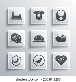 Set Baby, inside heart, bathtub, hat, on shield, potty and bib icon. Vector