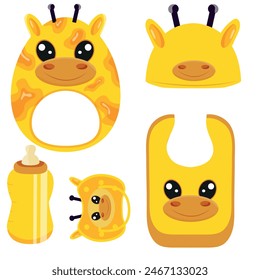 set of baby items, namely a rattle toy, a pacifier, a feeding bottle, a bib and a hat with an animal design, namely a giraffe, for packaging, design or textile