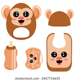  set of baby items, namely a rattle toy, a pacifier, a feeding bottle, a bib and a hat with an animal design, namely a monkey, for packaging, design or textile