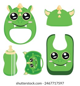 set of baby items, namely a rattle toy, a pacifier, a feeding bottle, a bib and a hat with an animal design, namely a dragon, for packaging, design or textile