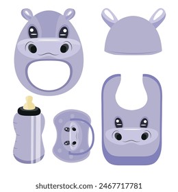 set of baby items, namely a rattle toy, a pacifier, a feeding bottle, a bib and a hat with an animal design, namely a hippo, for packaging, design or textile