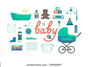 Set Of Baby Items On White Background. Baby Care Supplies. Vector Illustration.