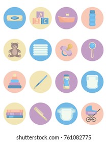 Set of baby items in pastel colors. Baby care supplies. Vector illustration.