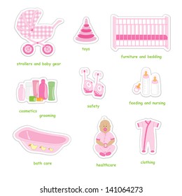 Set of baby items as stickers of pink color