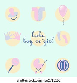 set of baby items in style flat. set of body , balloons , rattle , stroller , prints of children's hands and feet , nipples and ball