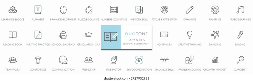 Um conjunto de bebê e crianças aprendendo e ícone de linha de desenvolvimento definido no estilo duotônico. Design plano, moderno e mínimo com traços editáveis para aplicativos de educação, conteúdo para pais, puericultura, interface do usuário, web de ícones infantis