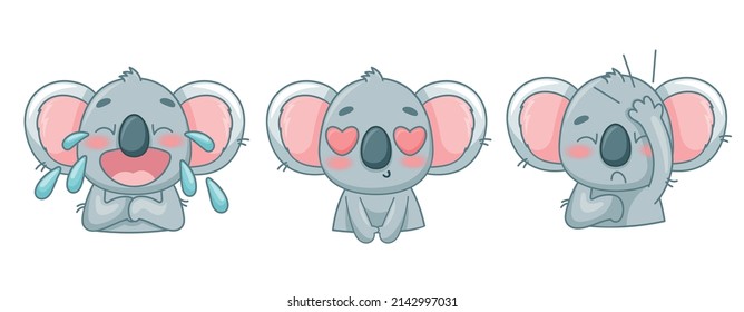 Set Of Baby Koalas With Different Emotions, Crying, In Love, Facepalm. Vector Illustration For Designs, Prints And Patterns. Isolated On White Background