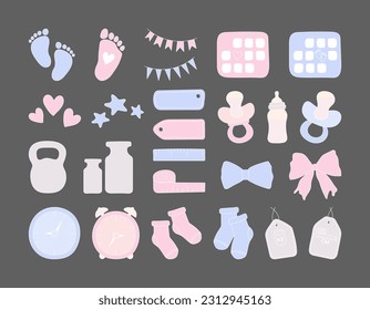 Set baby metric colored doodles. Birth announcement. Set newborn hand drawn elements. Gender party vector icons. Birth stats colorful illustrations. Age, height, weight data and cute baby accessories. svg