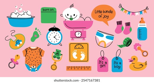 Set baby metric colored elements. Vector collection newborn hand drawn elements on pink background. Gender party outline icons. Metric, toys, feeding, care and  baby accessories.