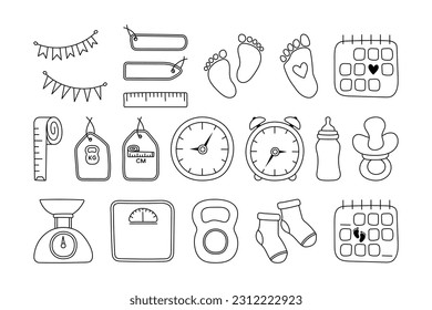 Set baby metric doodles. Birth announcement. Vector set newborn hand drawn elements. Gender party outline icons. Birth stats line art illustrations. Age, height, weight data and cute baby accessories.