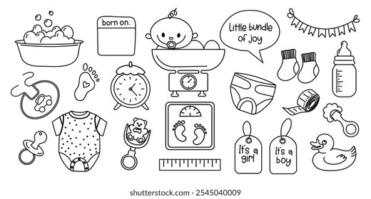 Set baby metric doodles. Vector collection newborn hand drawn elements on white background. Gender party outline icons. Metric, toys, feeding, care and  baby accessories.