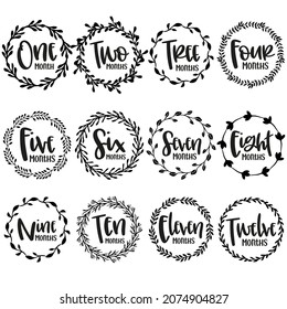 Set of baby milestone cards. hand drawn vector lettering. newborn textile and stickers design. 