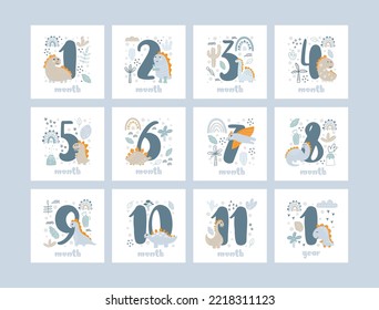 Set of baby milestone cards for newborn boy from one month to one year. Baby shower print with cute animal dino and flowers capturing all special moments.