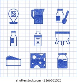 Set Baby milk in a bottle, Cheese, Bottle with, Udder, Drinking yogurt and  icon. Vector