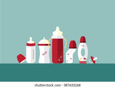 Set of baby milk bottles and pacifier,Vector illustrations