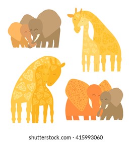 Set of Baby and Mommy Animals isolated on white. Mother's hugs. Cute elephants and giraffes - moms and kids.