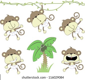 set of baby monkeys with deaper and palmtree isolated on white background, vector format very easy to edit, individual objects