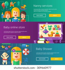 Set of baby, motherhood flat modern vector illustrations, banners, headers with icons and characters. Flyers for your design
