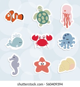 set baby nautical stickers, collection of cute patches, labels and badges marine life.baby shower or arrival.vector illustration.there are fish, turtle, seahorse and others