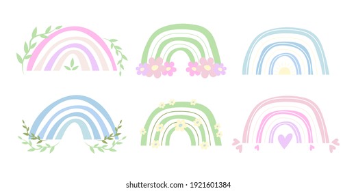 Conjunto de arcos de boho de color neutro para bebés. Arcos lindos de primavera para naipes, afiches de guardería. Arcoiris infantil vectorial bohemio. Colección de boho dibujado a mano para vivero en tonos pastel de primavera.