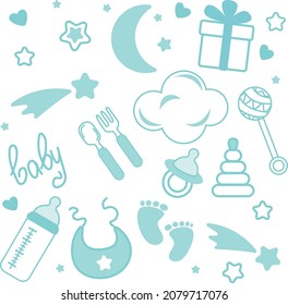 Set of baby and newborn doodle for icon, banner. Cartoon sketch style doodle with baby and toy, food, moon, star, milk bottle, birthday elements. Vector illustration